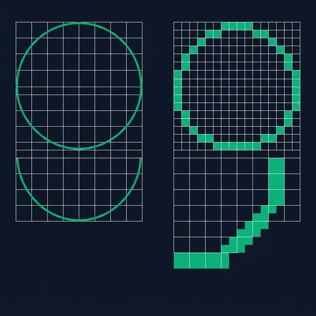 Smooth circle compared with a block-based Minecraft circle on a grid